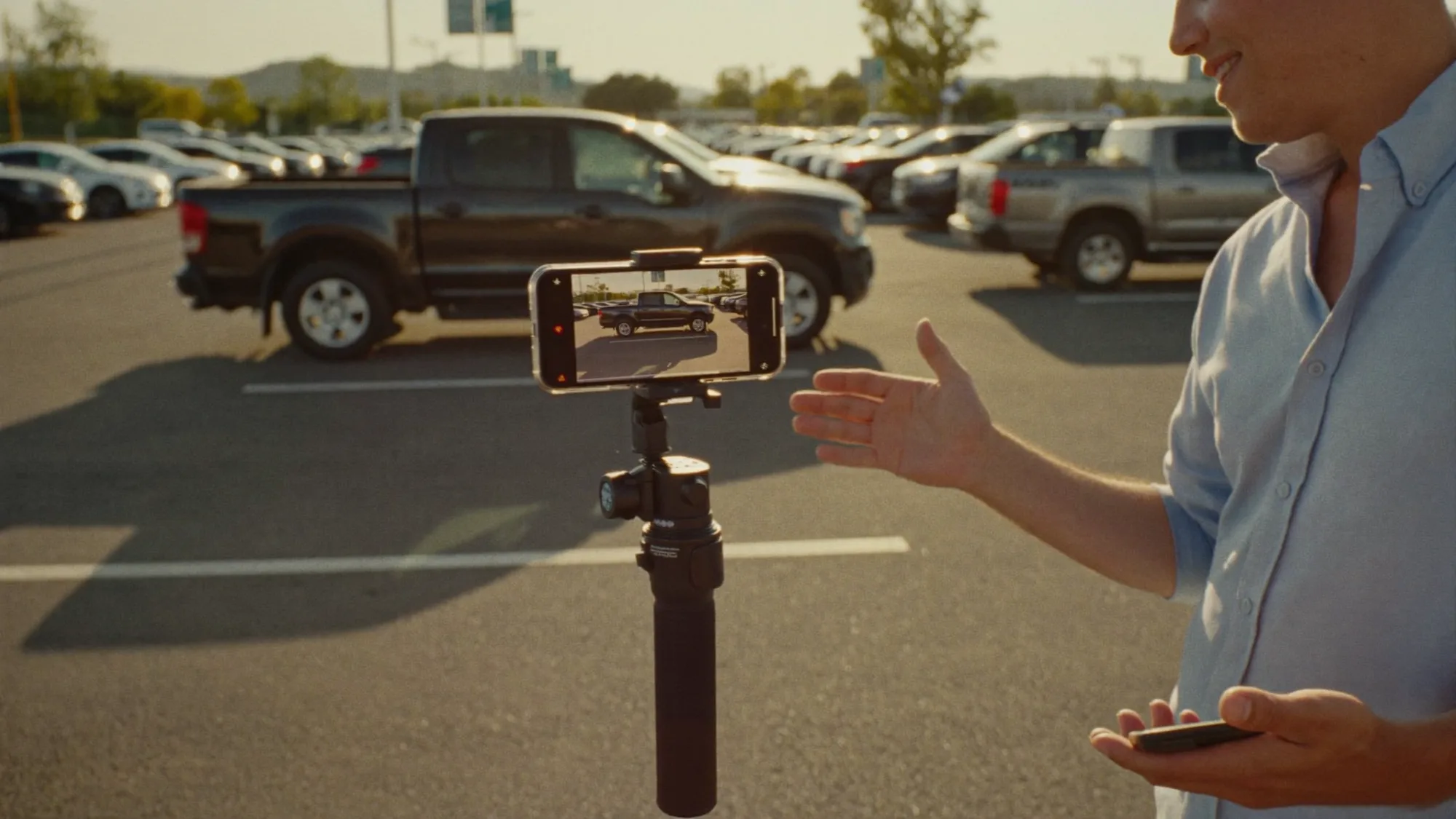A salesperson filming a vehicle walkaround on a phone at golden hour.